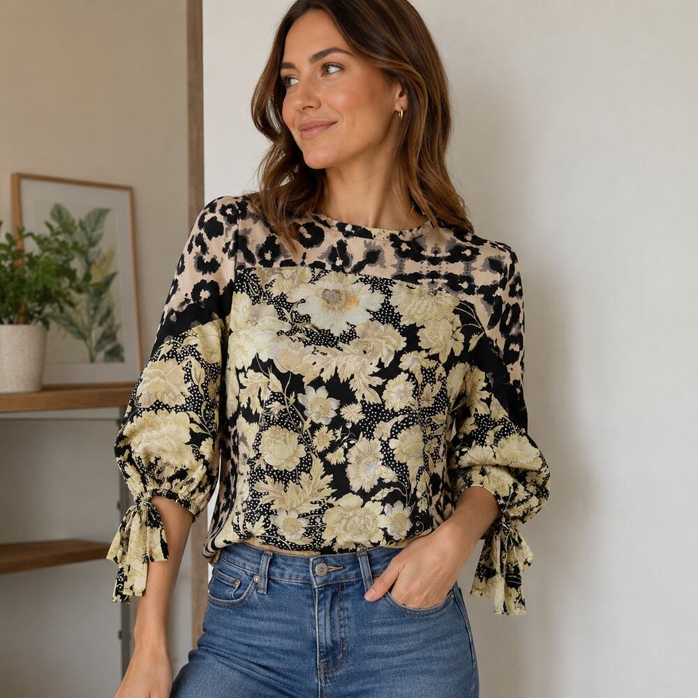 Rebecca Taylor SZ 2 100% Silk Printed Blouse-Floral + Animal Print-Tie Sleeve